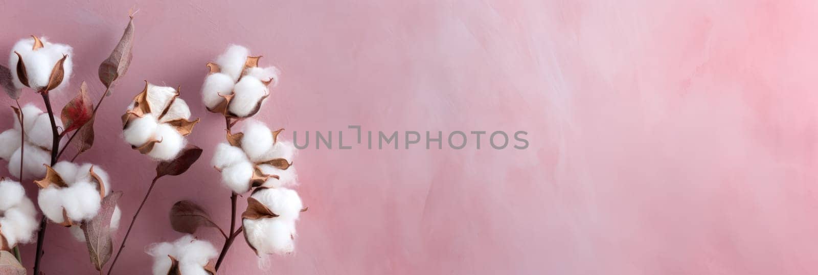 Stylish pink background, dry cotton sprig and pastel pink concrete background AI Wide format banner