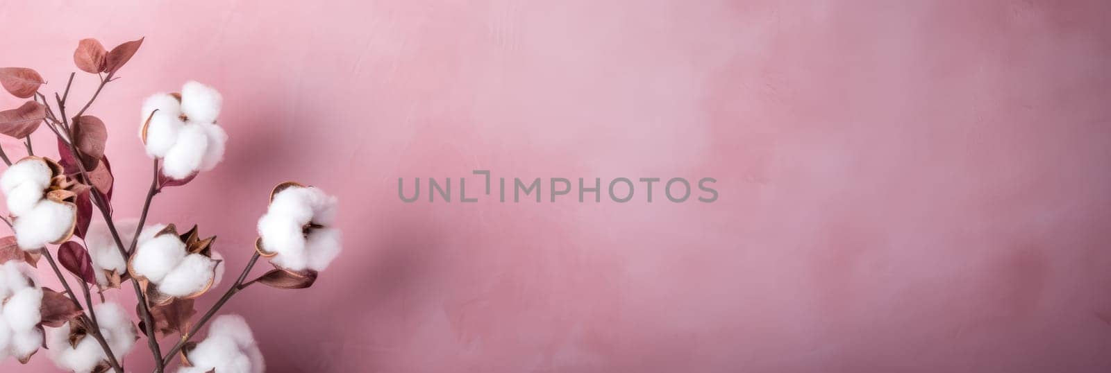 Stylish pink background, dry cotton sprig and pastel pink concrete background by natali_brill
