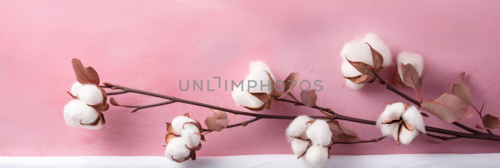 Stylish pink background, dry cotton sprig and pastel pink concrete background by natali_brill