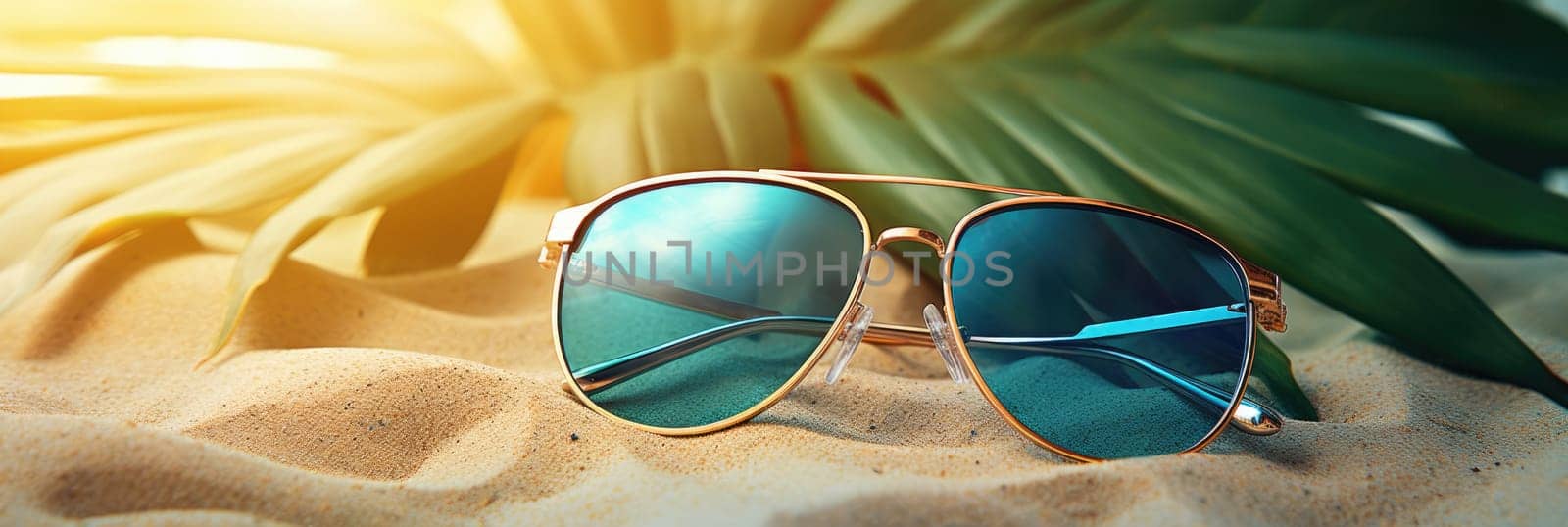 Summer, beach and vacation concept. Sunglasses and palm leaves on a background of sand. Wide format banner AI