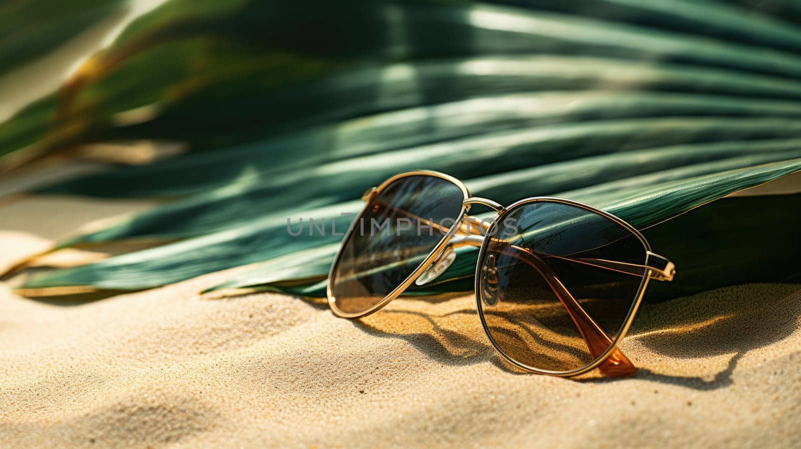 Summer, beach and vacation concept. Sunglasses and palm leaves by natali_brill