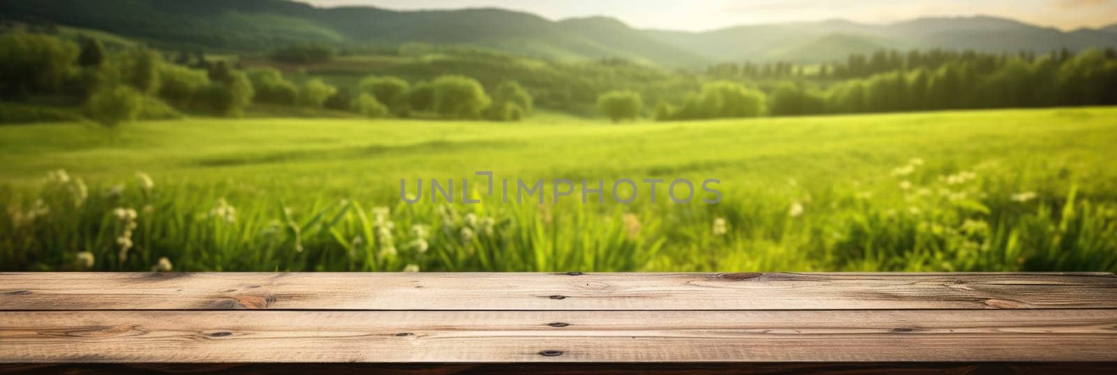 Wooden empty table, green meadow on blurred background. Wide format banner AI