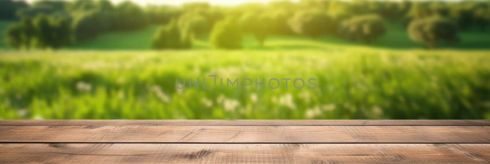 Wooden empty table, green meadow on blurred background. Wide format banner AI