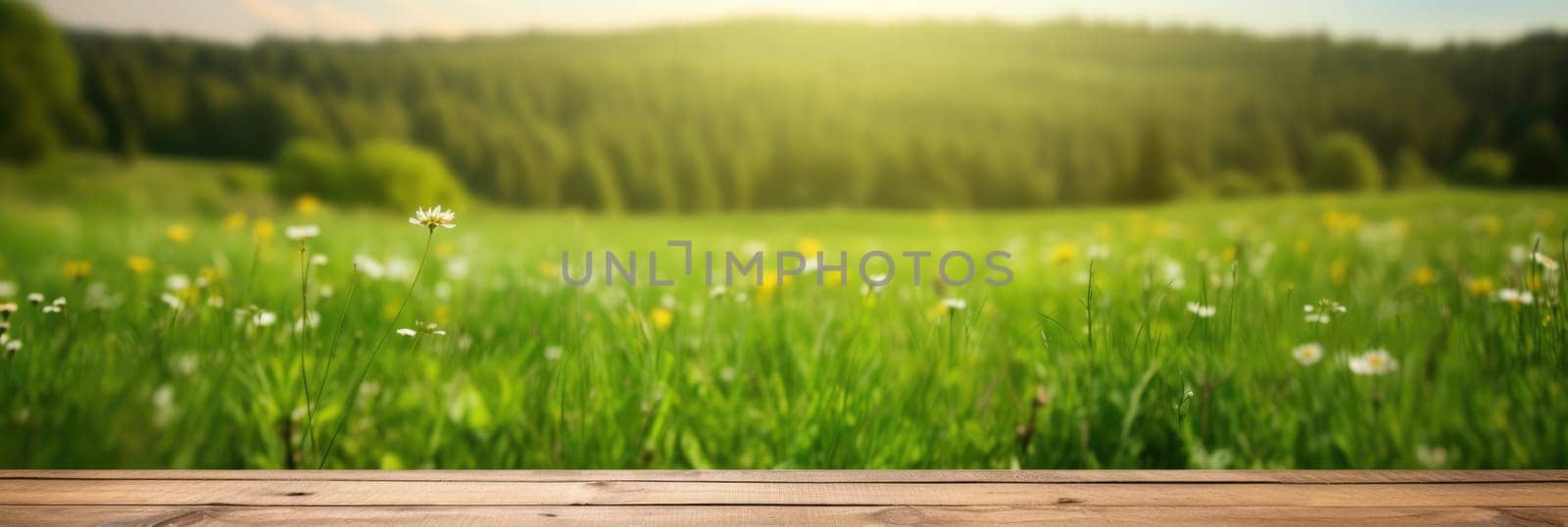 Wooden empty table, green meadow on blurred background. Wide format banner AI