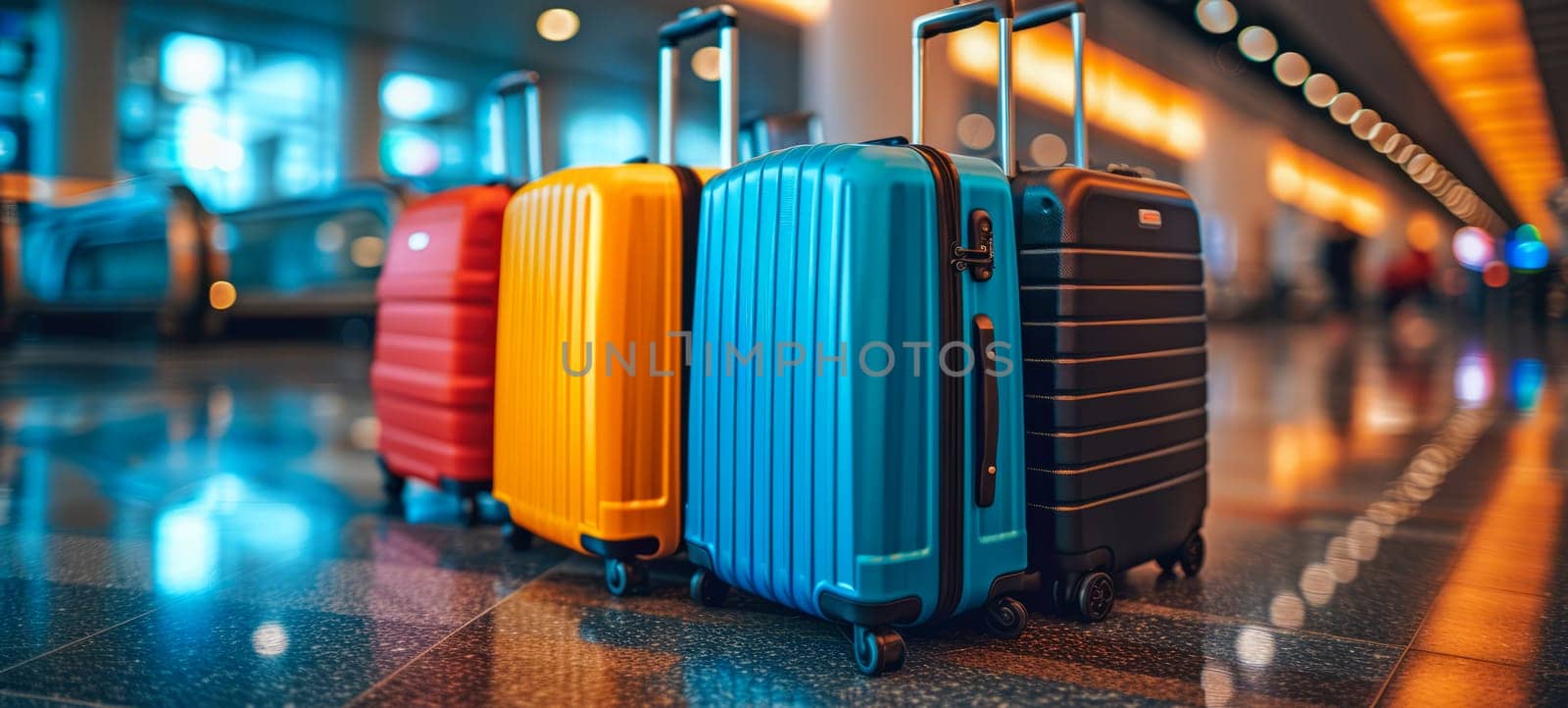 Suitcases at the airport. Travel and vacation theme background. Travel banner by NataliPopova