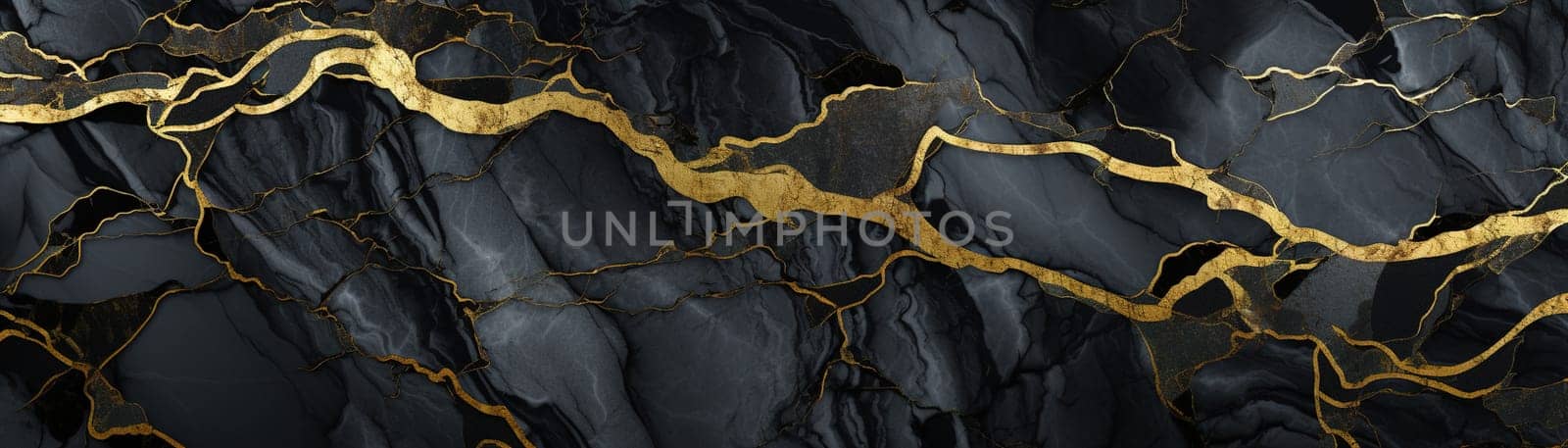Striking black marble texture with golden veins, perfect for sophisticated wallpapers, luxury background designs, or stylish graphic elements. Panoramic banner. Generative AI