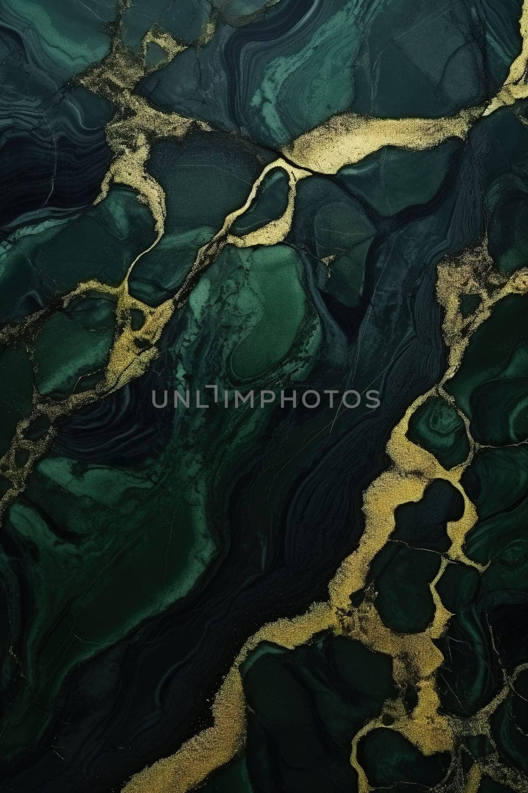 Luxurious dark green marble texture with gold veins, ideal for high-end design backgrounds, wallpaper, covers, or elegant product presentations. Vertical format. Generative AI