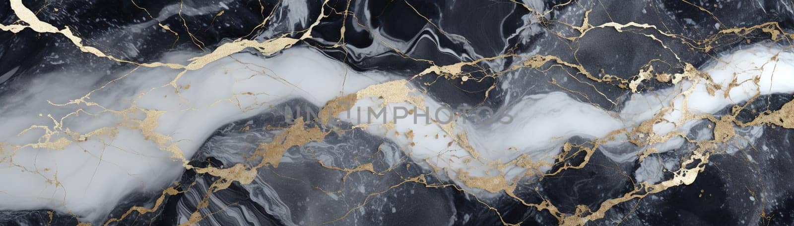 Elegant black and white marble with golden streaks, perfect for luxurious backgrounds, upscale design elements, and sophisticated print materials. Panoramic banner. Generative AI