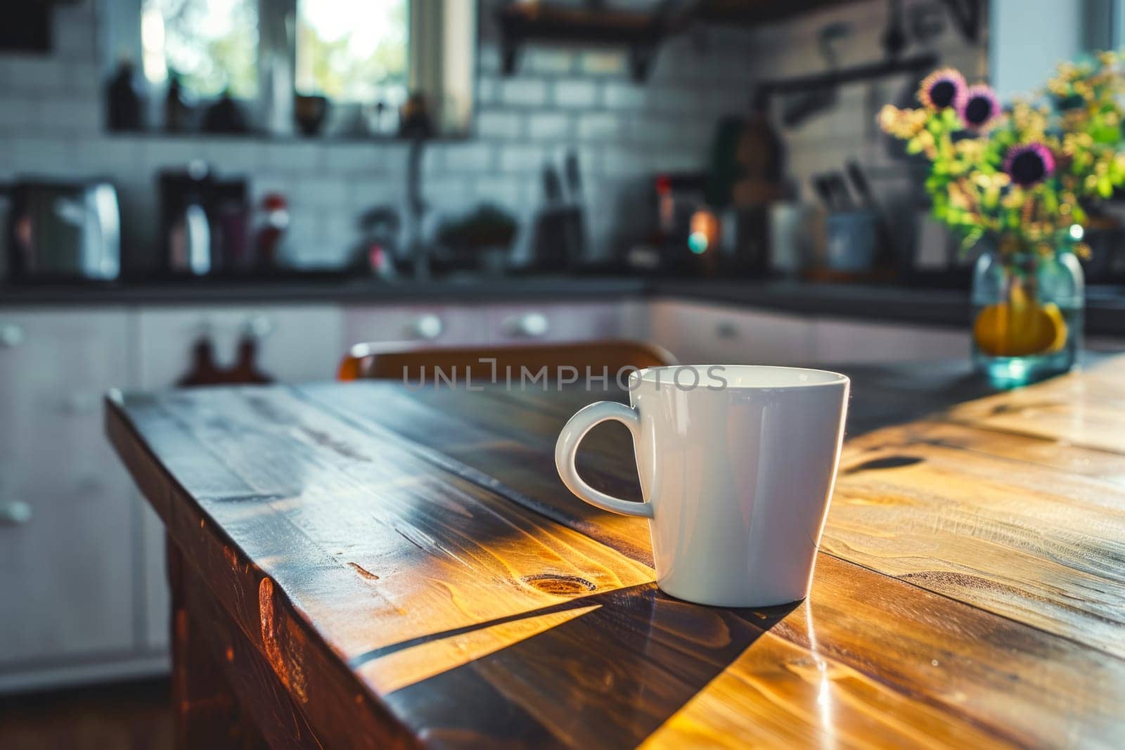 A white coffee cup sits on top of a wooden table, ready to be filled with a hot beverage.