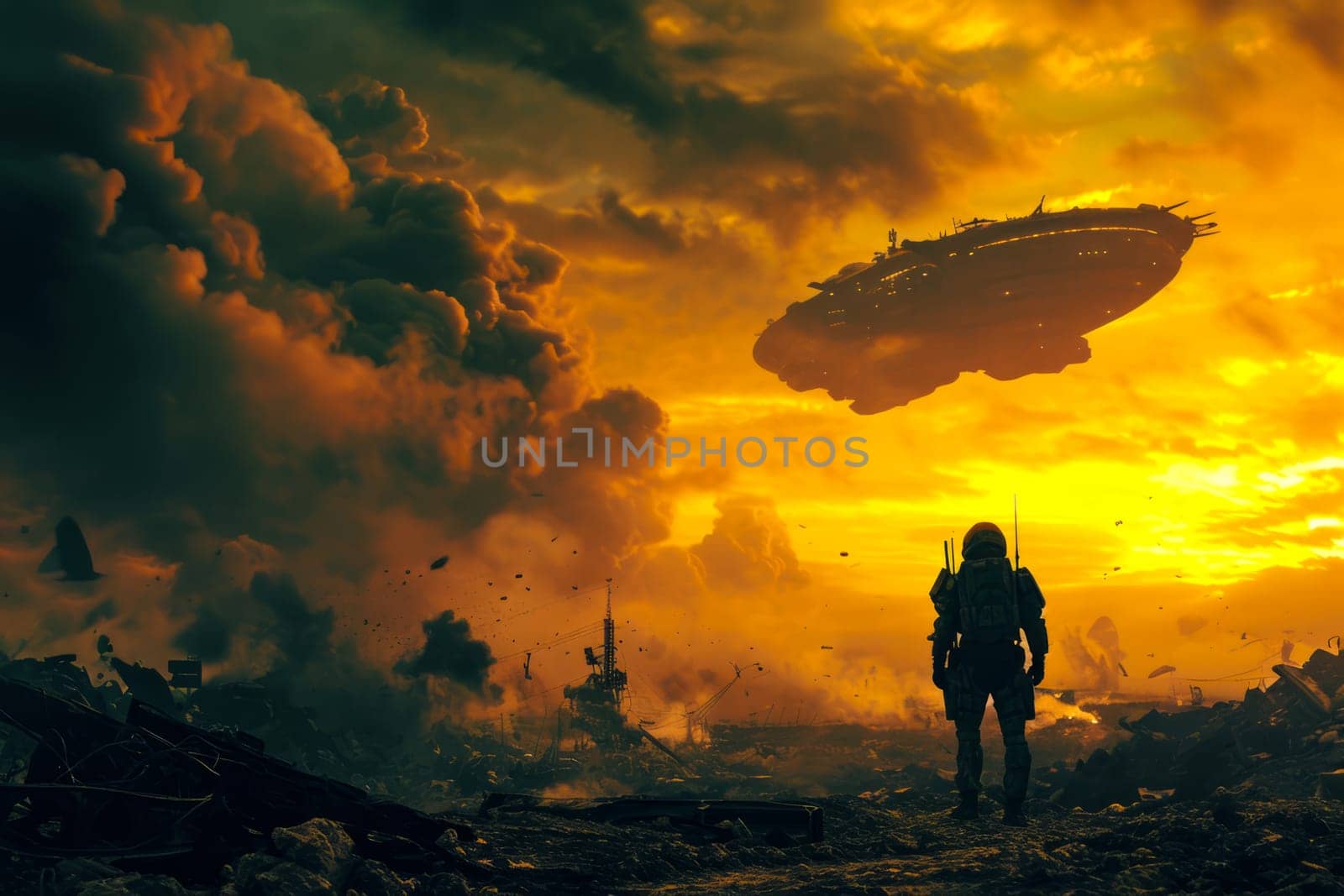 A man stands in a vast field while a spaceship hovers in the sky above him.