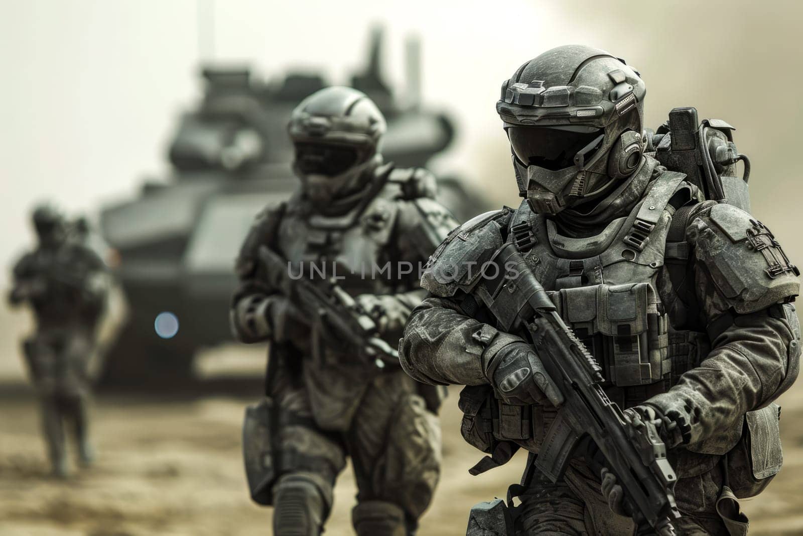 A group of soldiers wearing military uniforms and carrying weapons walk purposefully across a dusty field, their boots kicking up clouds of dirt as they move in unison.
