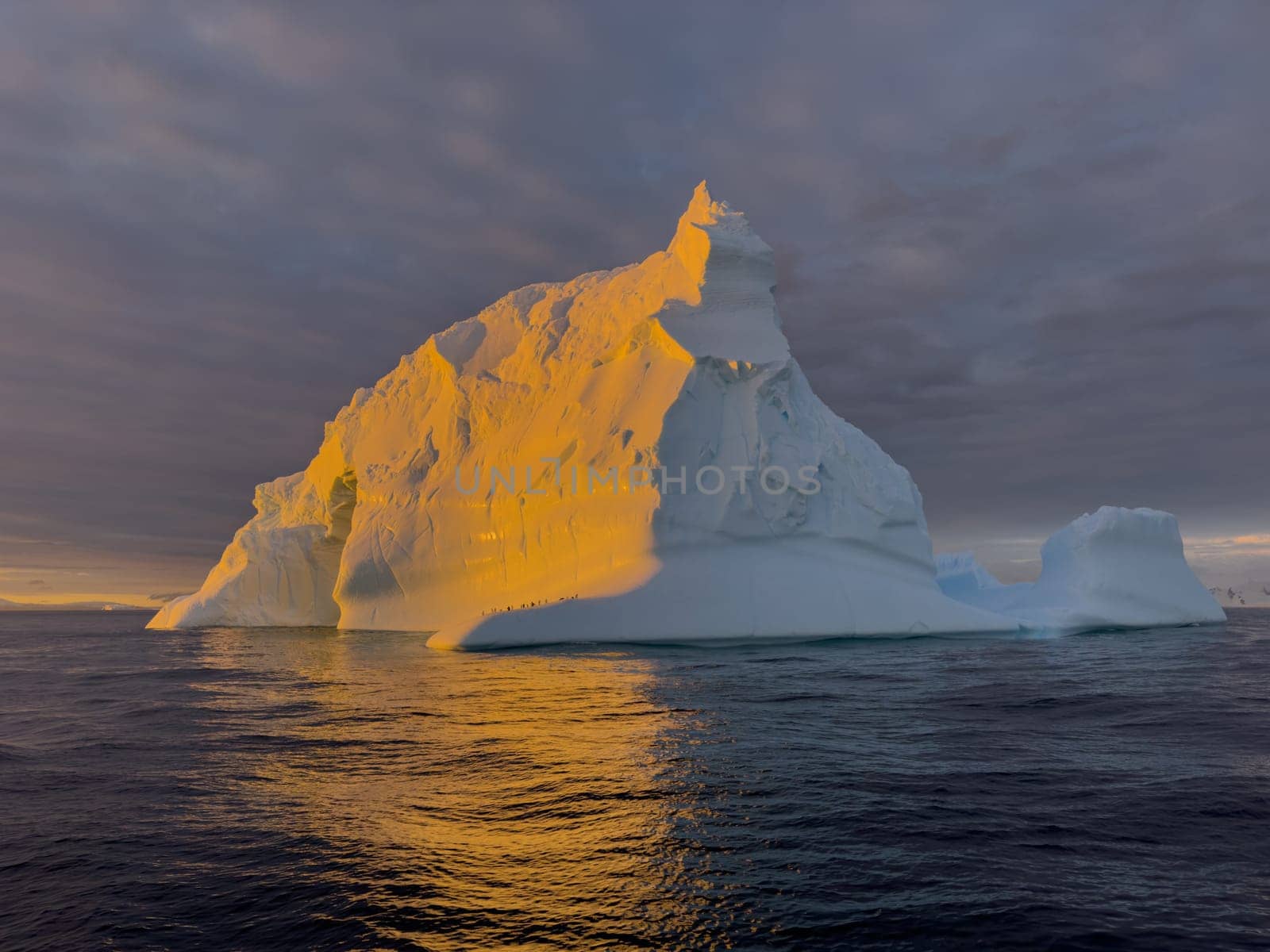A huge high breakaway glacier drifts in the southern ocean off the coast of Antarctica at sunset, the Antarctic Peninsula, the Southern Arctic Circle, azure water, cloudy weather by vladimirdrozdin
