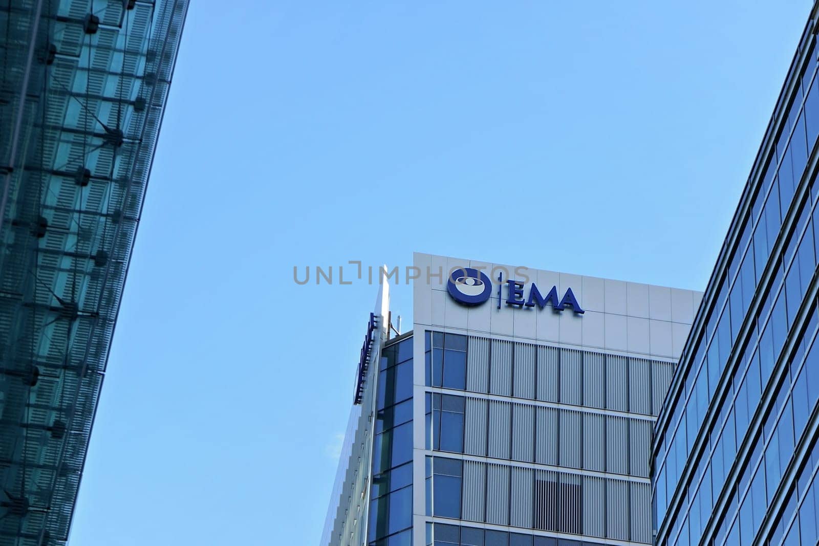 London, United Kingdom - February 03, 2019: Blue European Medicines Agency logo on their HQ in London (to be relocated after Brexit) EMA is in charge of the evaluation of medicinal products in EU by Ivanko