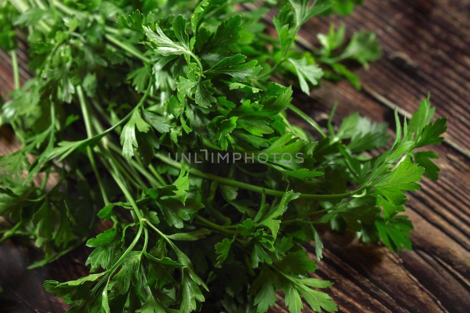 Green parsley leaves, used as herb in kitchen, on dark wooden board