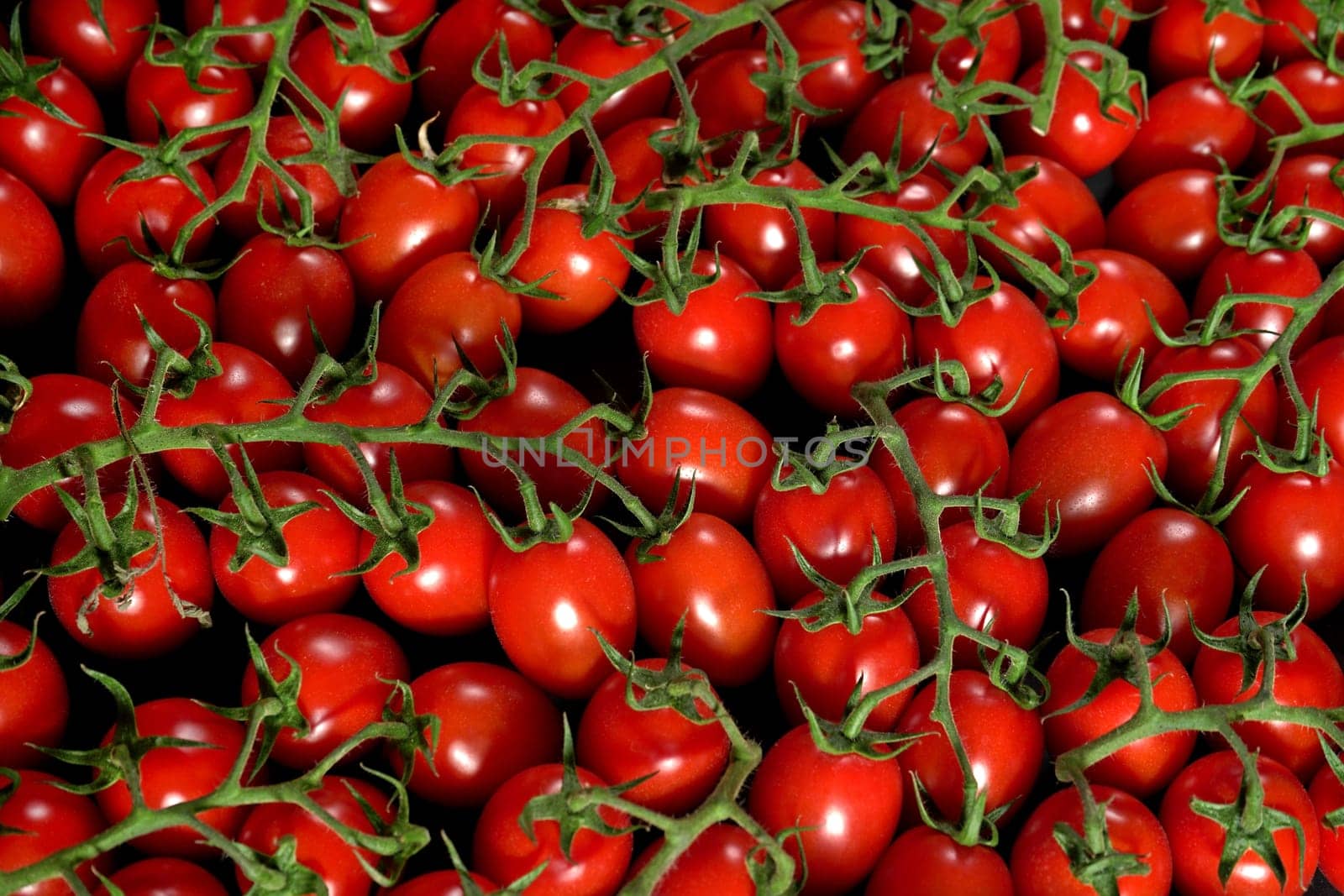 Group of small cherry tomatoes with green stems, top down view by Ivanko