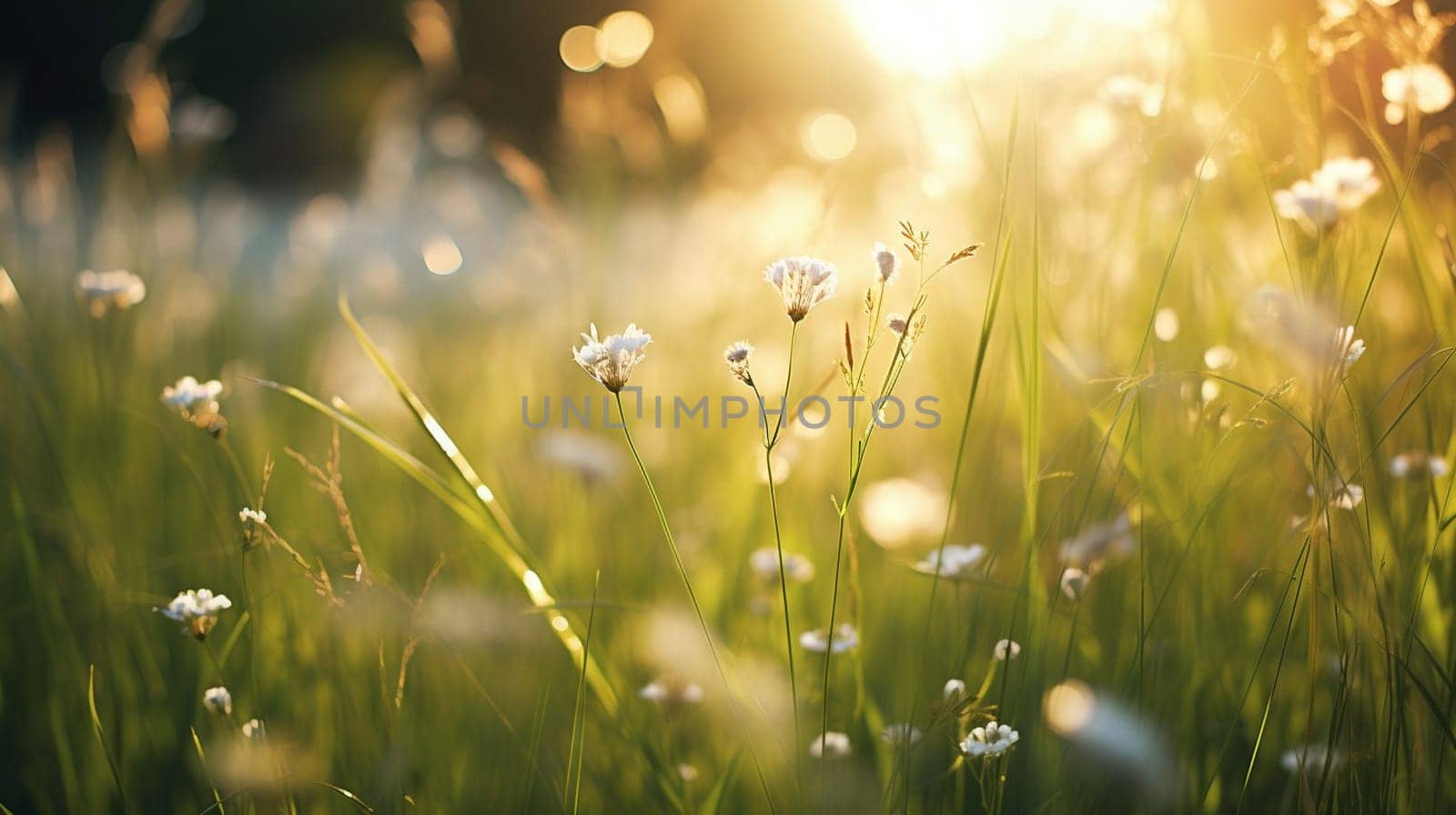 Meadow flowers and grass in soft sunlight. Natural summer background close up. High quality photo