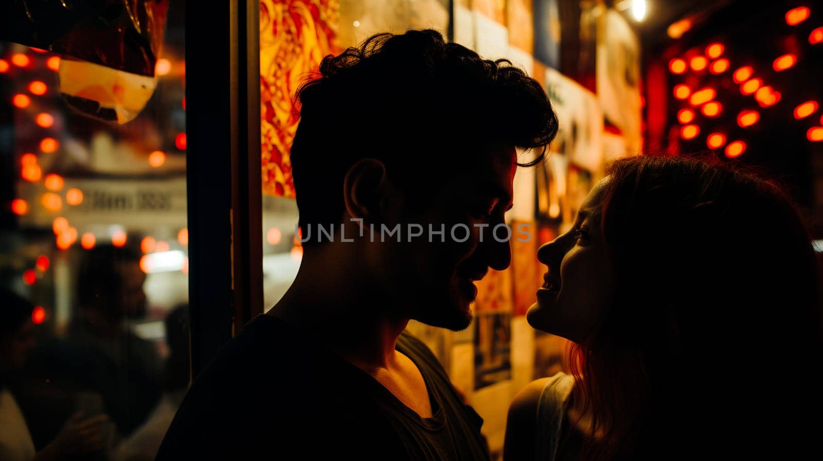 A close-up of a couple sharing an intimate moment, warmly lit by the evening ambiance