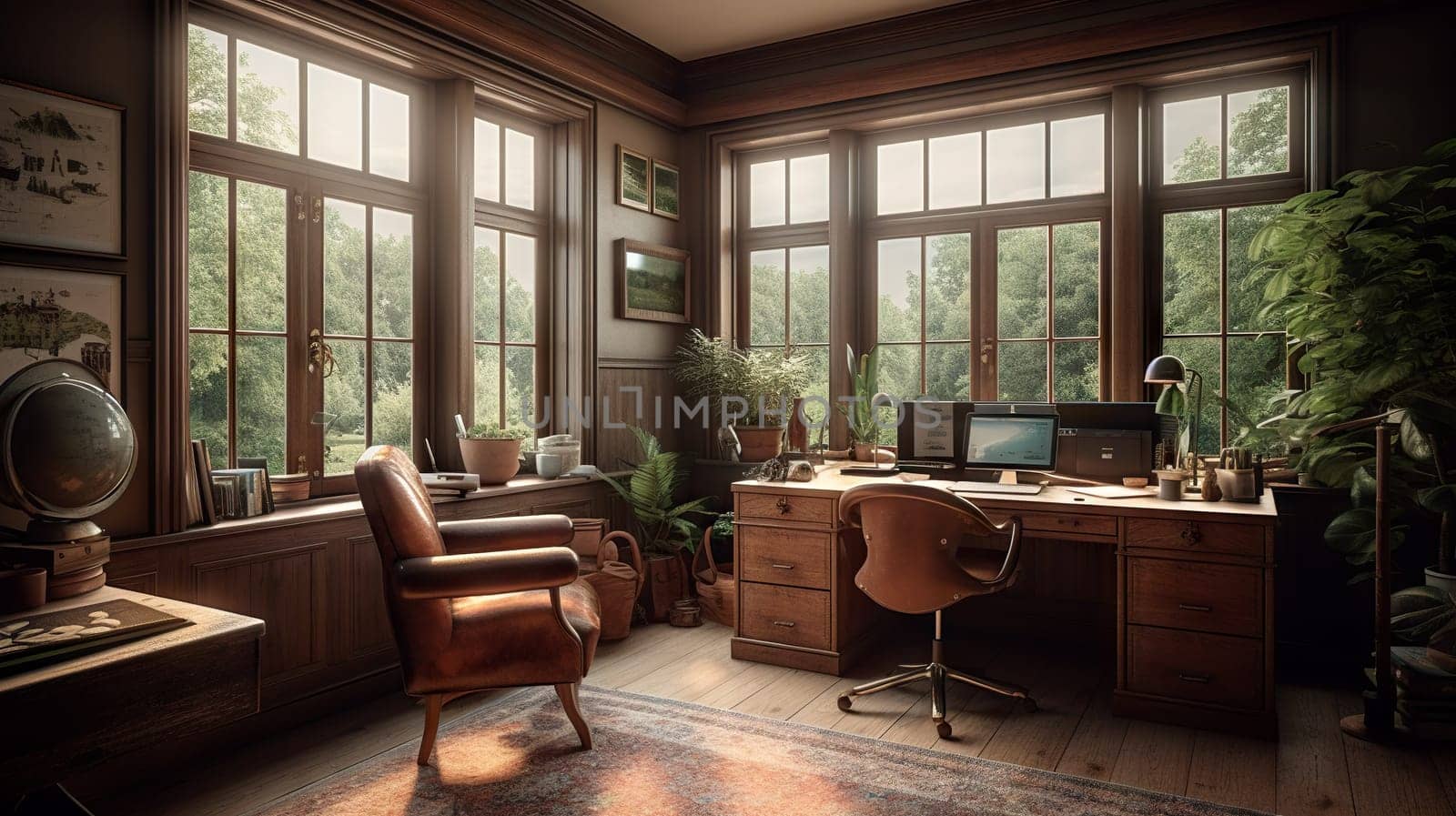 home office with plant, desk and large windows - AI generative