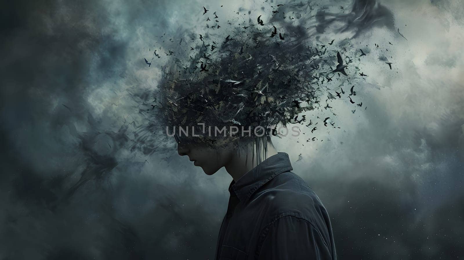 mental disorder illustration dark male silhouette, generative ai. High quality photo