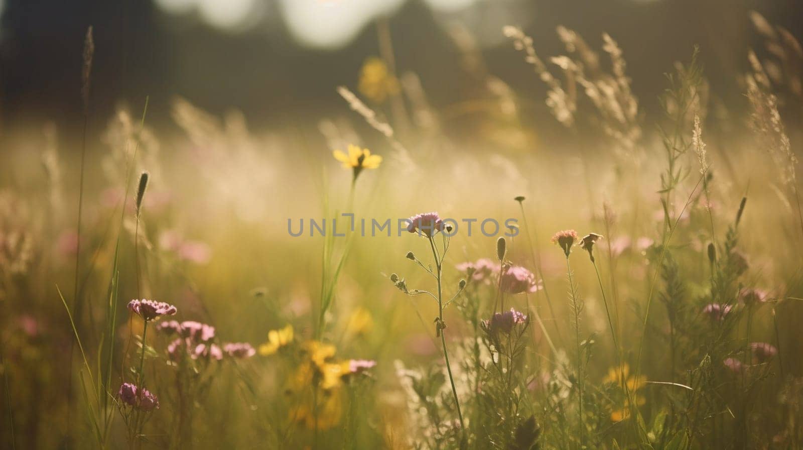 Meadow flowers and grass in soft sunlight. Natural summer background close up. High quality photo