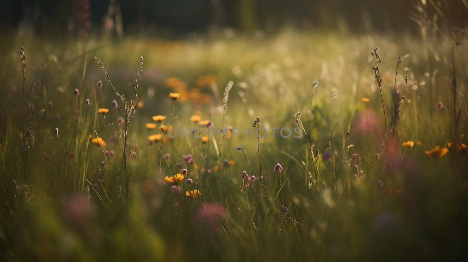 Meadow flowers and grass in soft sunlight. Natural summer background close up. High quality photo