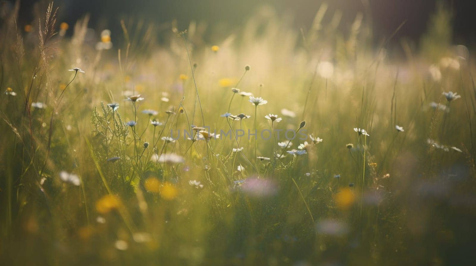 Meadow flowers and grass in soft sunlight. Natural summer background close up. High quality photo