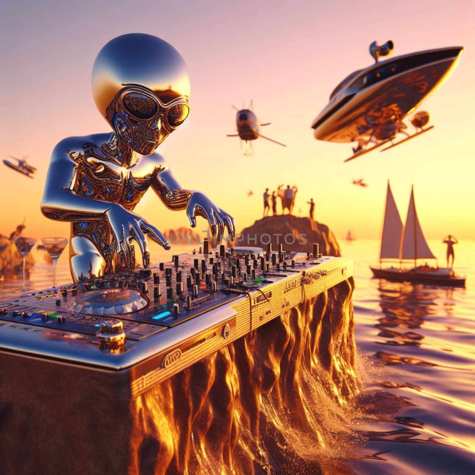 metallic alien deejay, hosting a crowded beach party in tropical island at sunset surreal scene by verbano