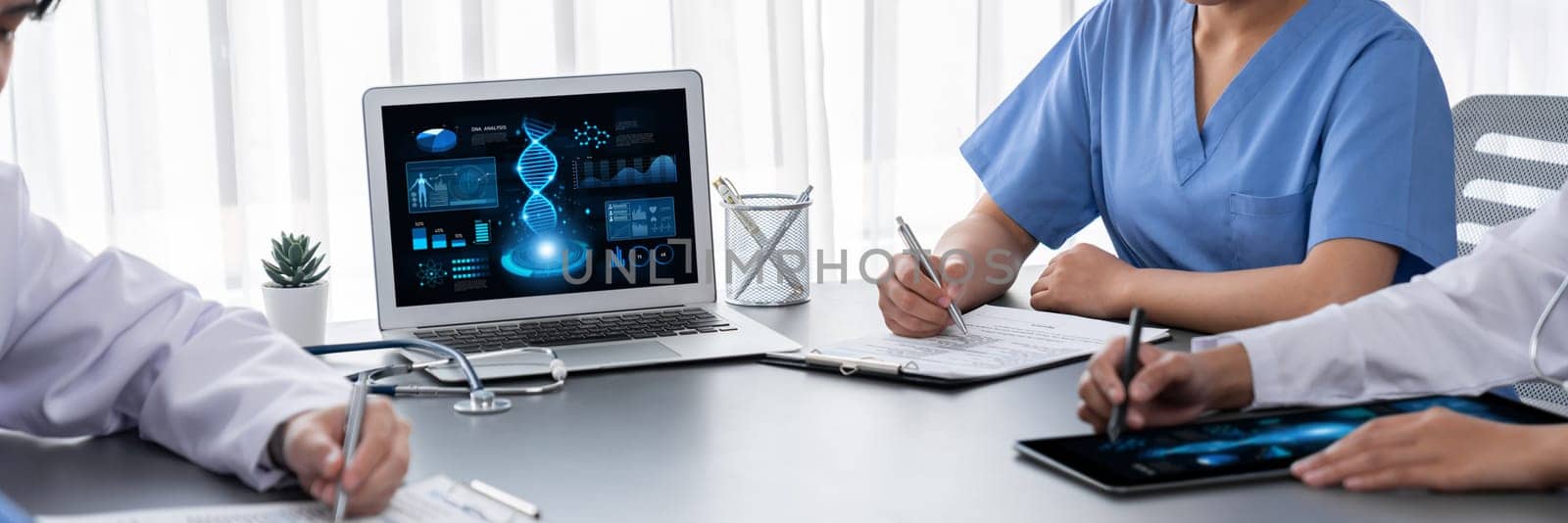 Doctor studying genetic disease in DNA research with laptop. Neoteric by biancoblue