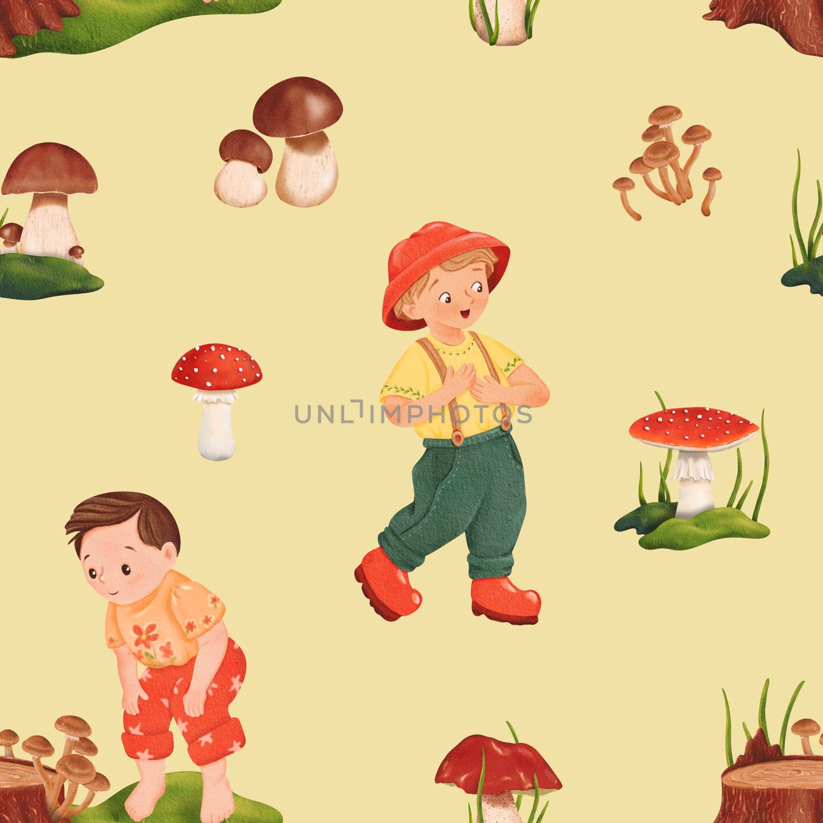 Seamless woodland pattern with little mushroom pickers. Forest glade. A dream for mushroom enthusiasts. Edible penny bun and delicious porcini. Dangerous and poisonous fly agaric. Autumnal watercolor.