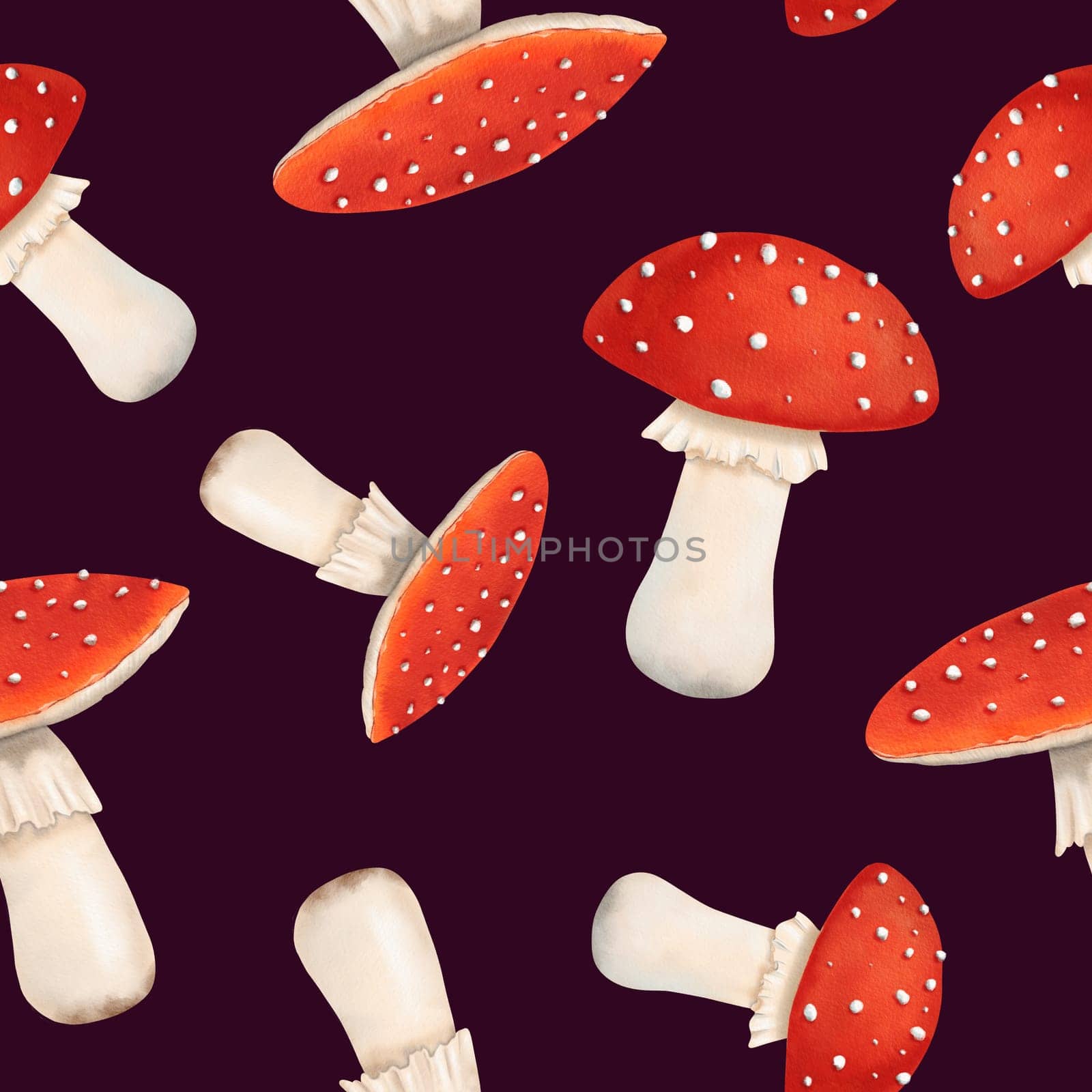Seamless watercolor pattern featuring vibrant, toxic fly agaric mushrooms and forest fungi. Dark background for textiles, kitchen decor, children's wallpapers, stationery, covers, and wrapping paper by Art_Mari_Ka