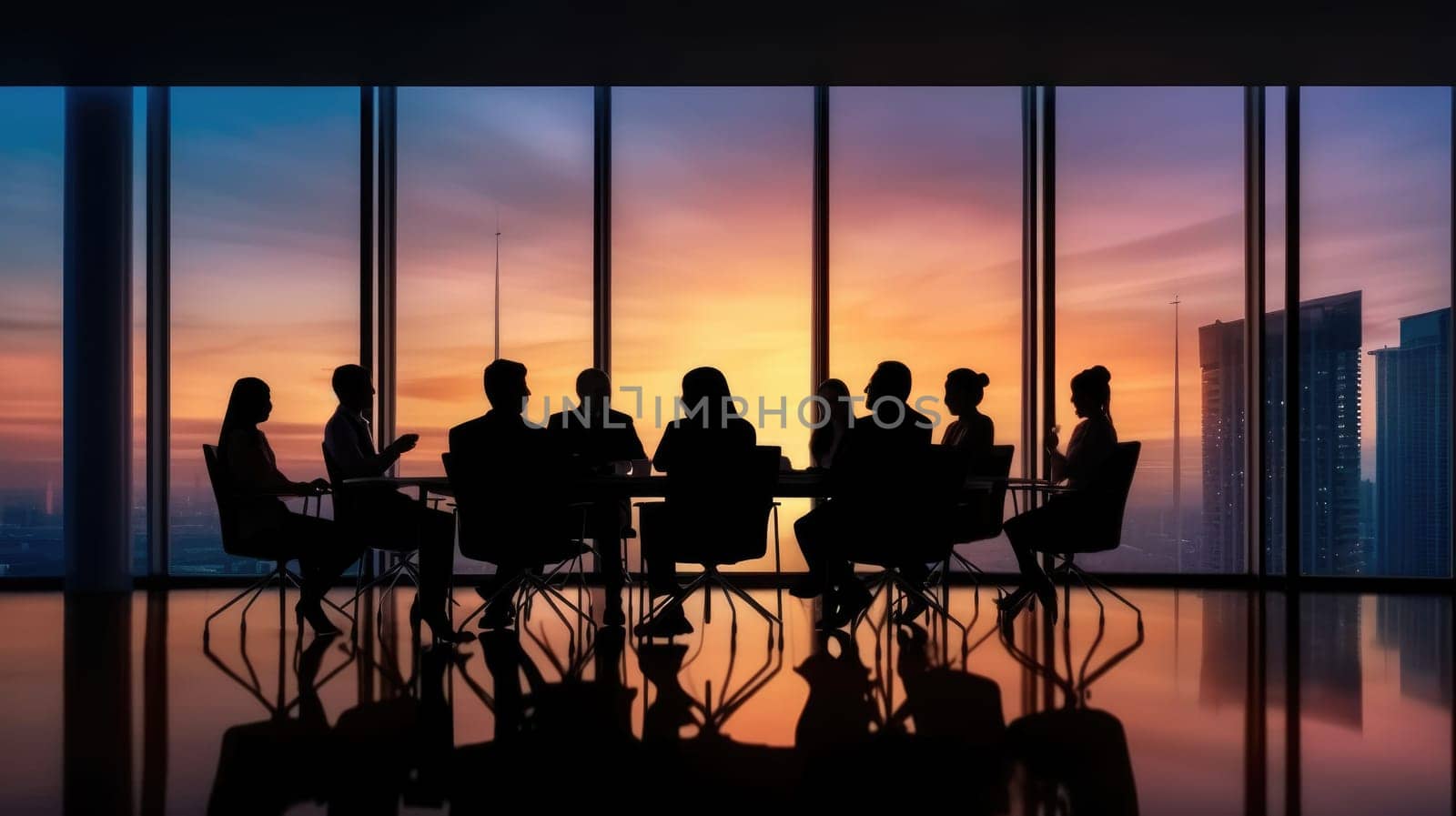 Silhouettes of group of business people in sunset comeliness by biancoblue