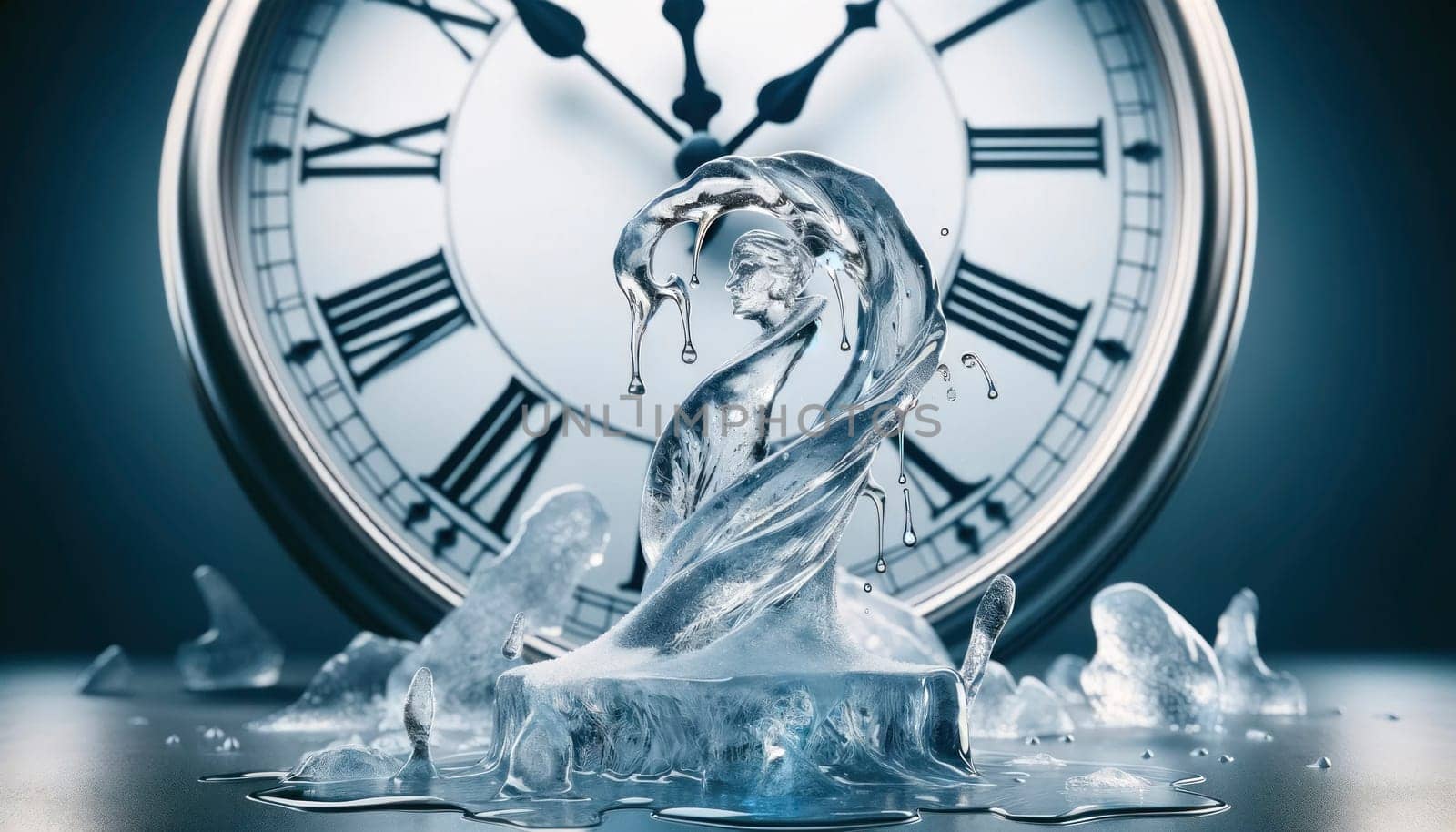 Melting ice sculpture before a ticking clock, evoking the urgency and transient nature of time