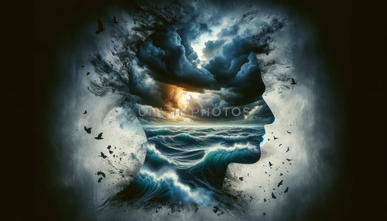 Outline filled with a stormy sea, depicting inner turmoil.