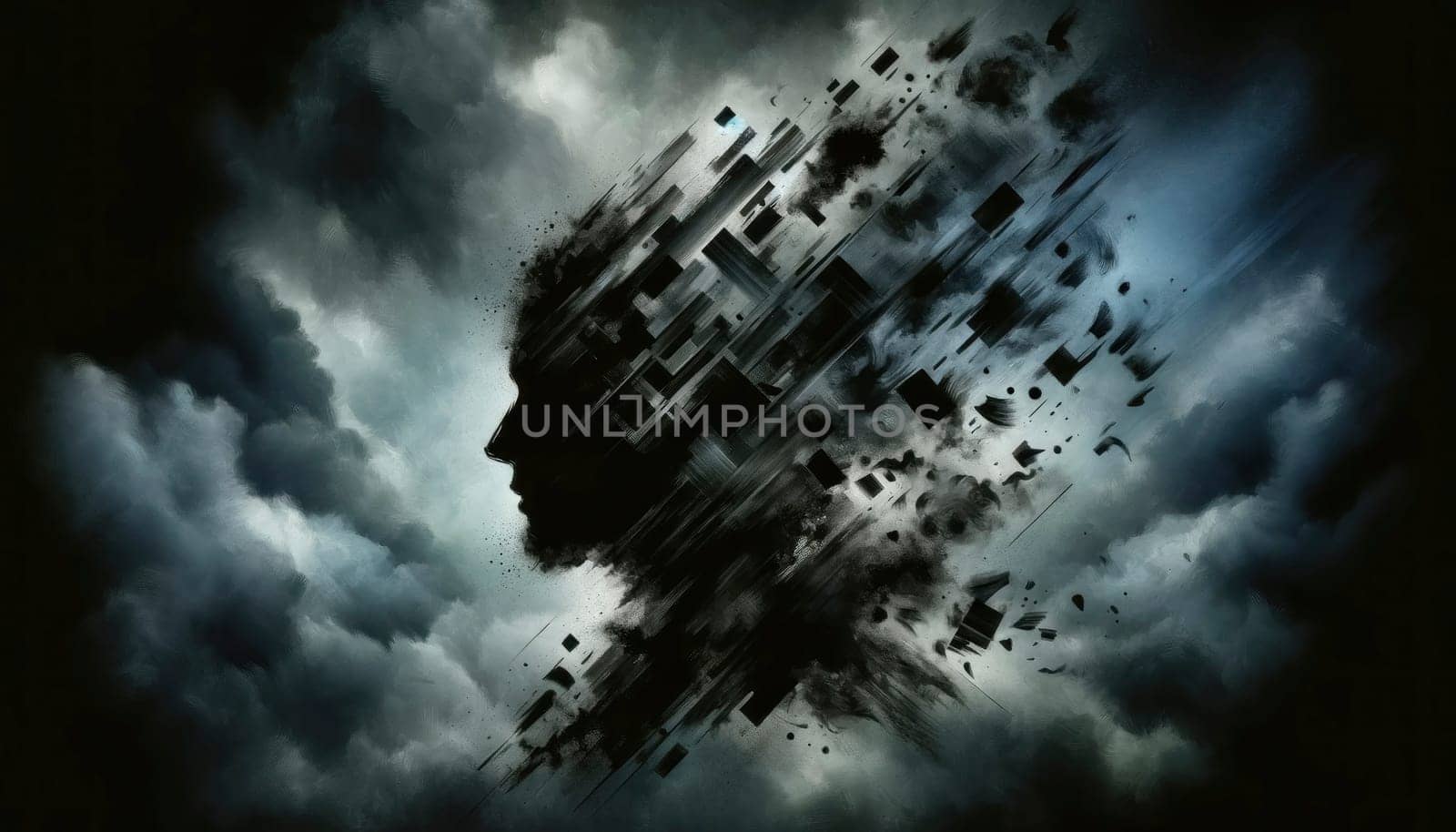 Abstract silhouette fragmented into shapes, symbolizing emotional turmoil