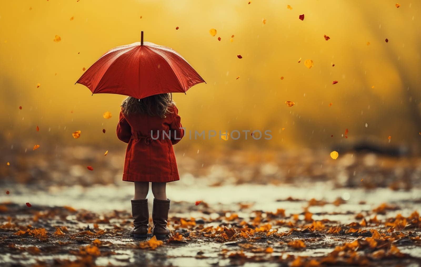 little girl with an umbrella small child, rainy autumn walk, wet weather child with an umbrella. High quality photo