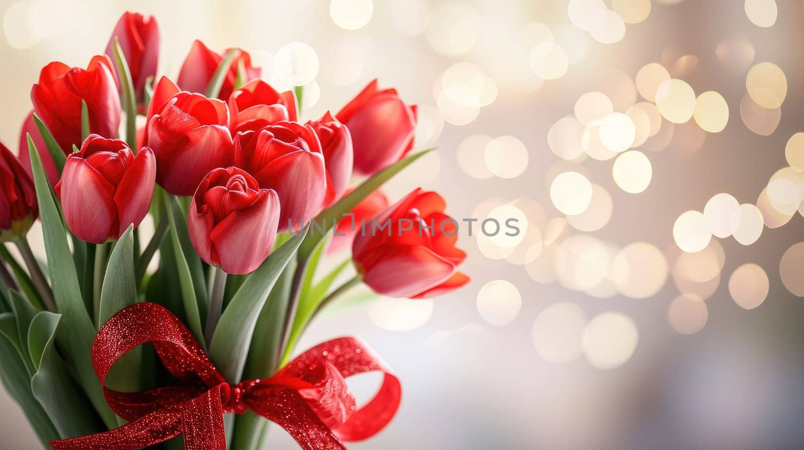 Beautiful bouquet of red tulips on bokeh background. Ai generation. by Lunnica