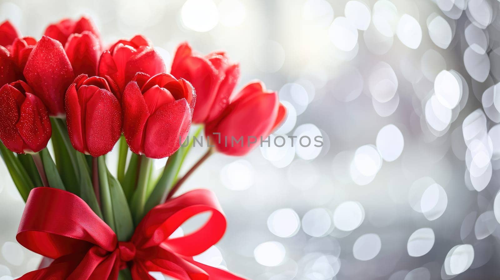 Beautiful bouquet of red tulips on bokeh background. Ai generation. High quality