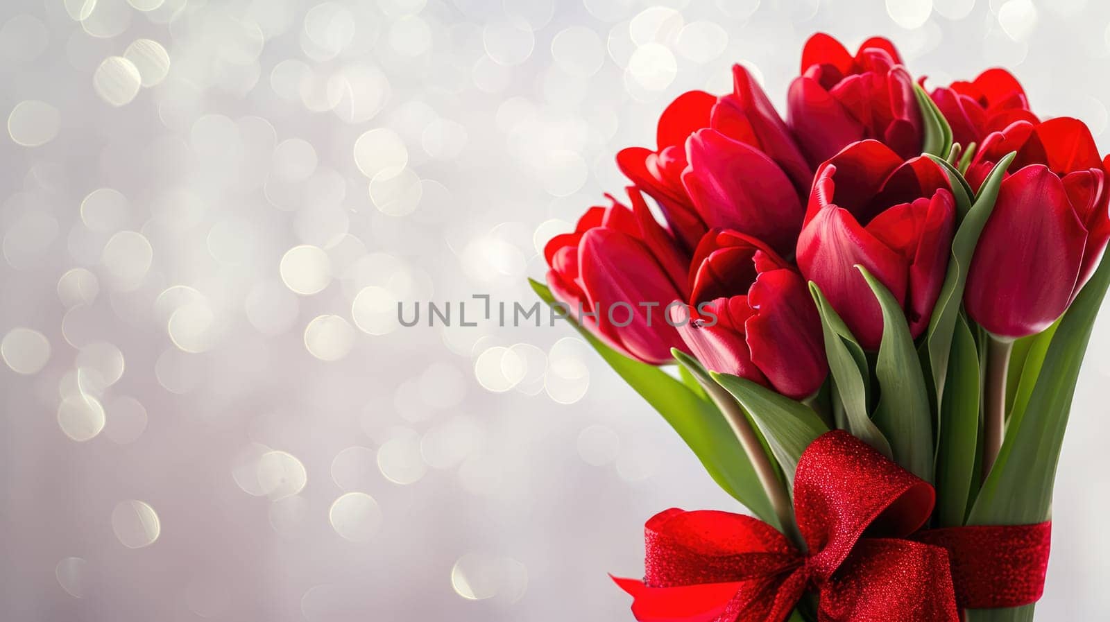 Beautiful bouquet of red tulips on bokeh background. Ai generation. High quality