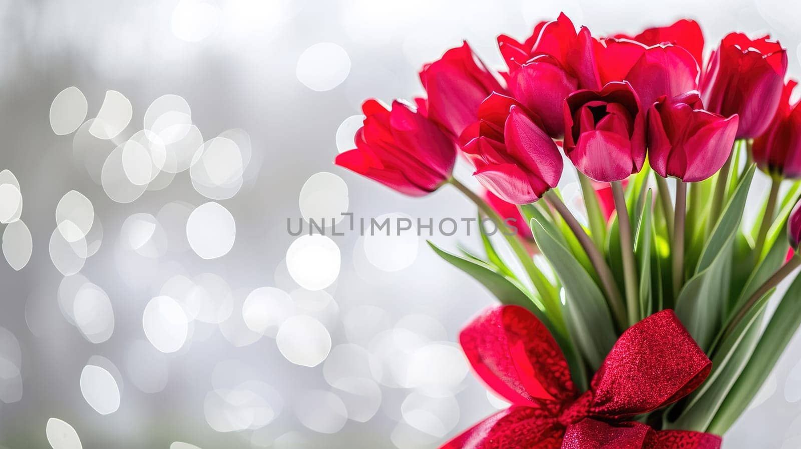 Beautiful bouquet of red tulips on bokeh background. Ai generation. by Lunnica
