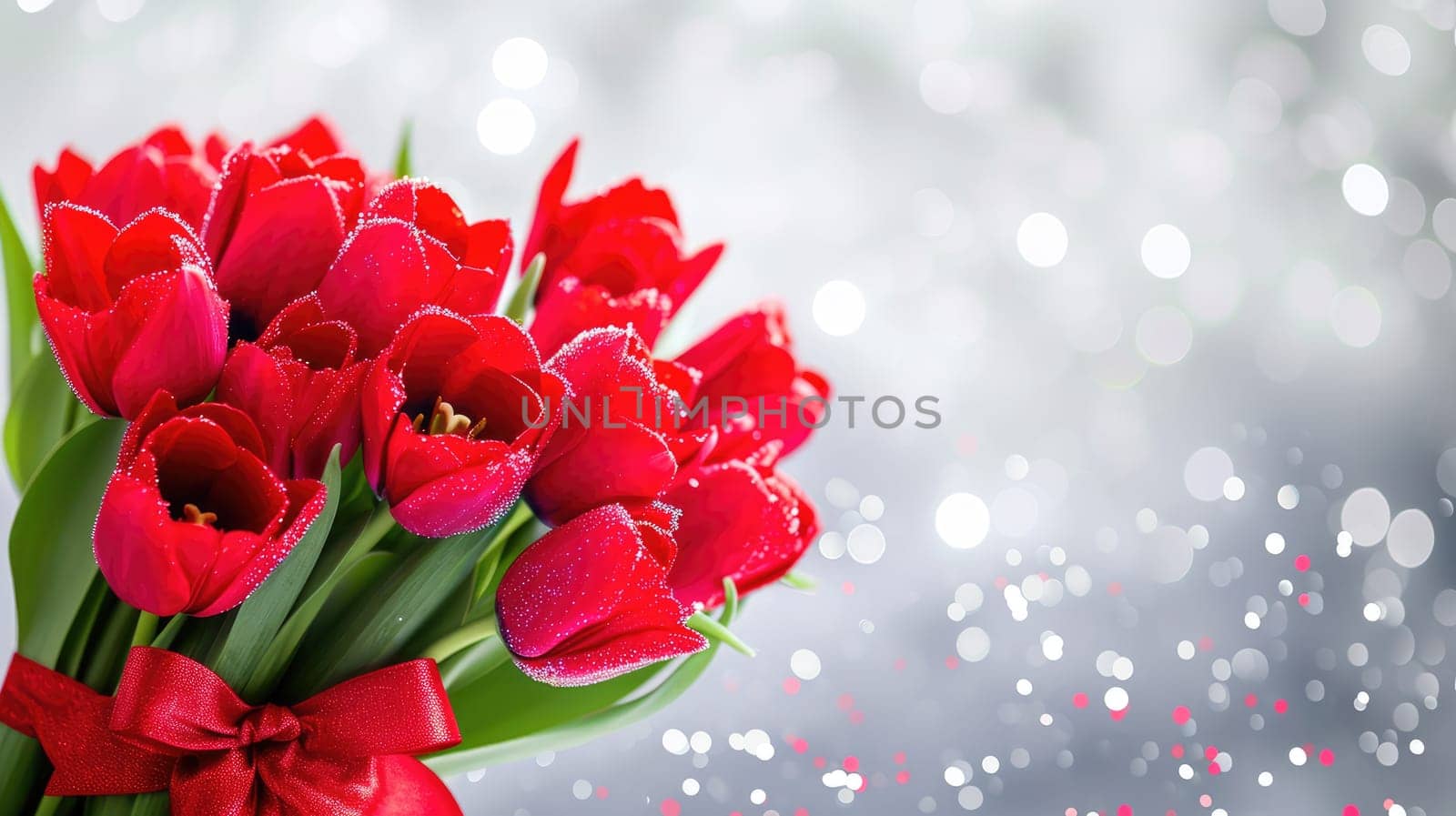 Beautiful bouquet of red tulips on bokeh background. Ai generation. High quality