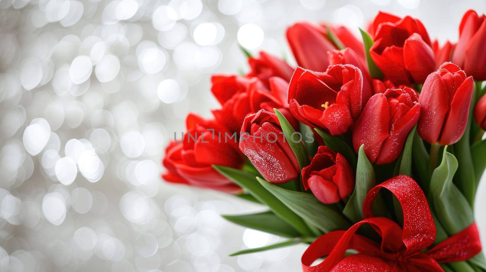 Beautiful bouquet of red tulips on bokeh background. Ai generation. High quality