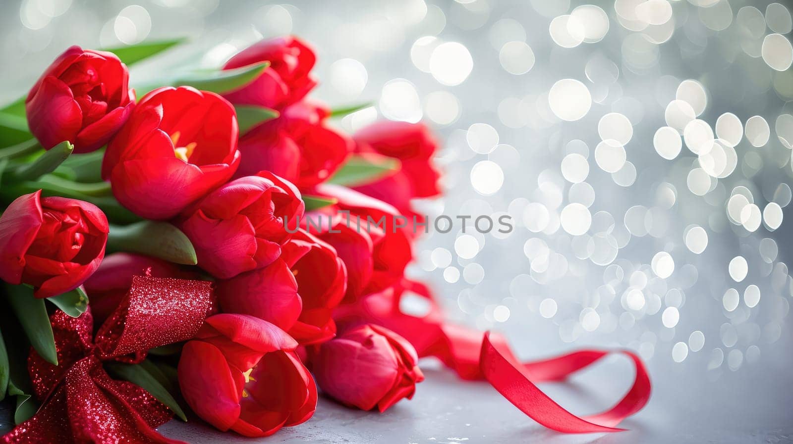 Beautiful bouquet of red tulips on bokeh background. Ai generation. by Lunnica