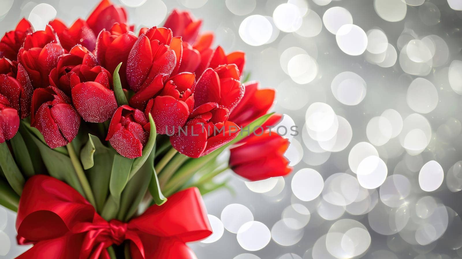 Beautiful bouquet of red tulips on bokeh background. Ai generation. by Lunnica