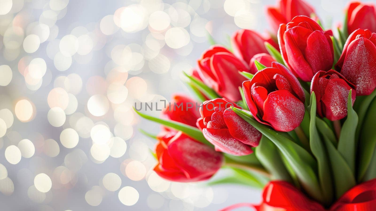 Beautiful bouquet of red tulips on bokeh background. Ai generation. High quality