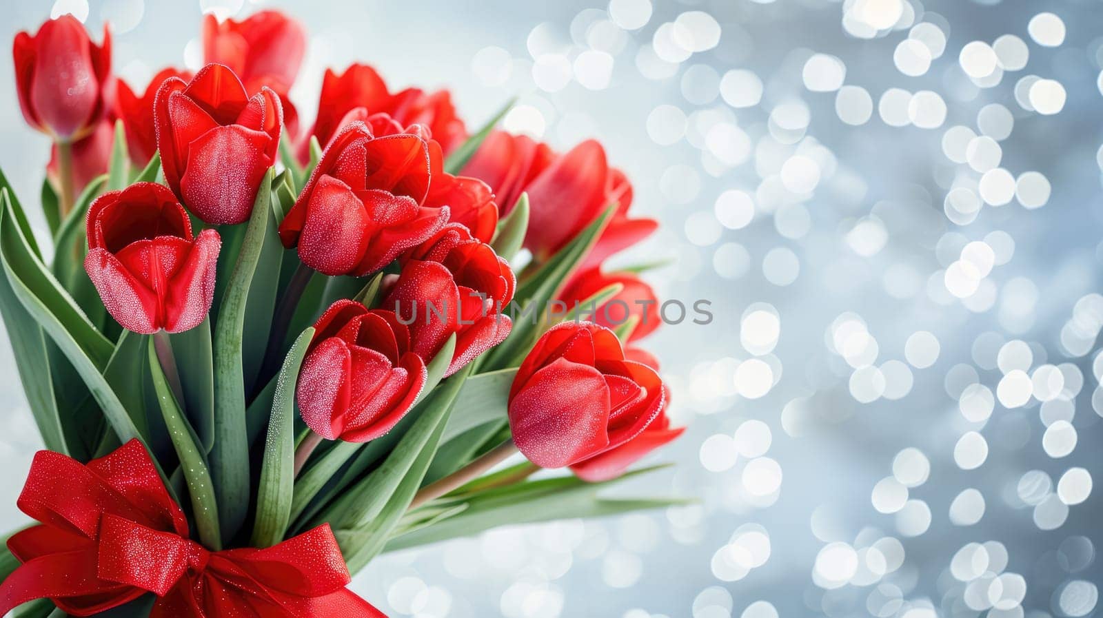 Beautiful bouquet of red tulips on bokeh background. Ai generation. High quality