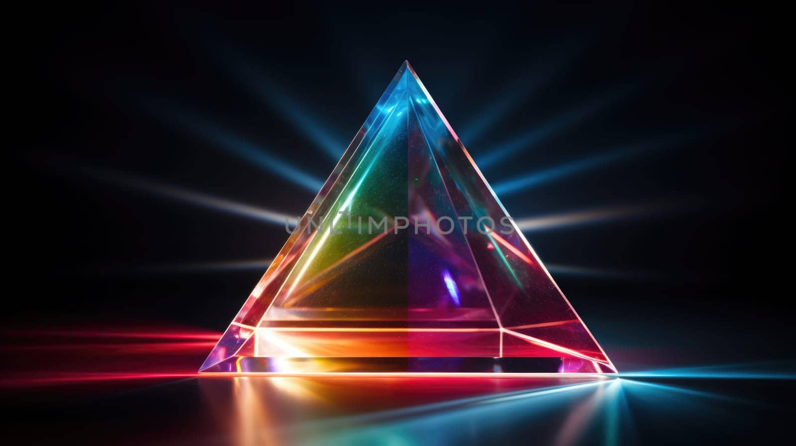 colorful glass prism triangle light dispersion in dark background, ai