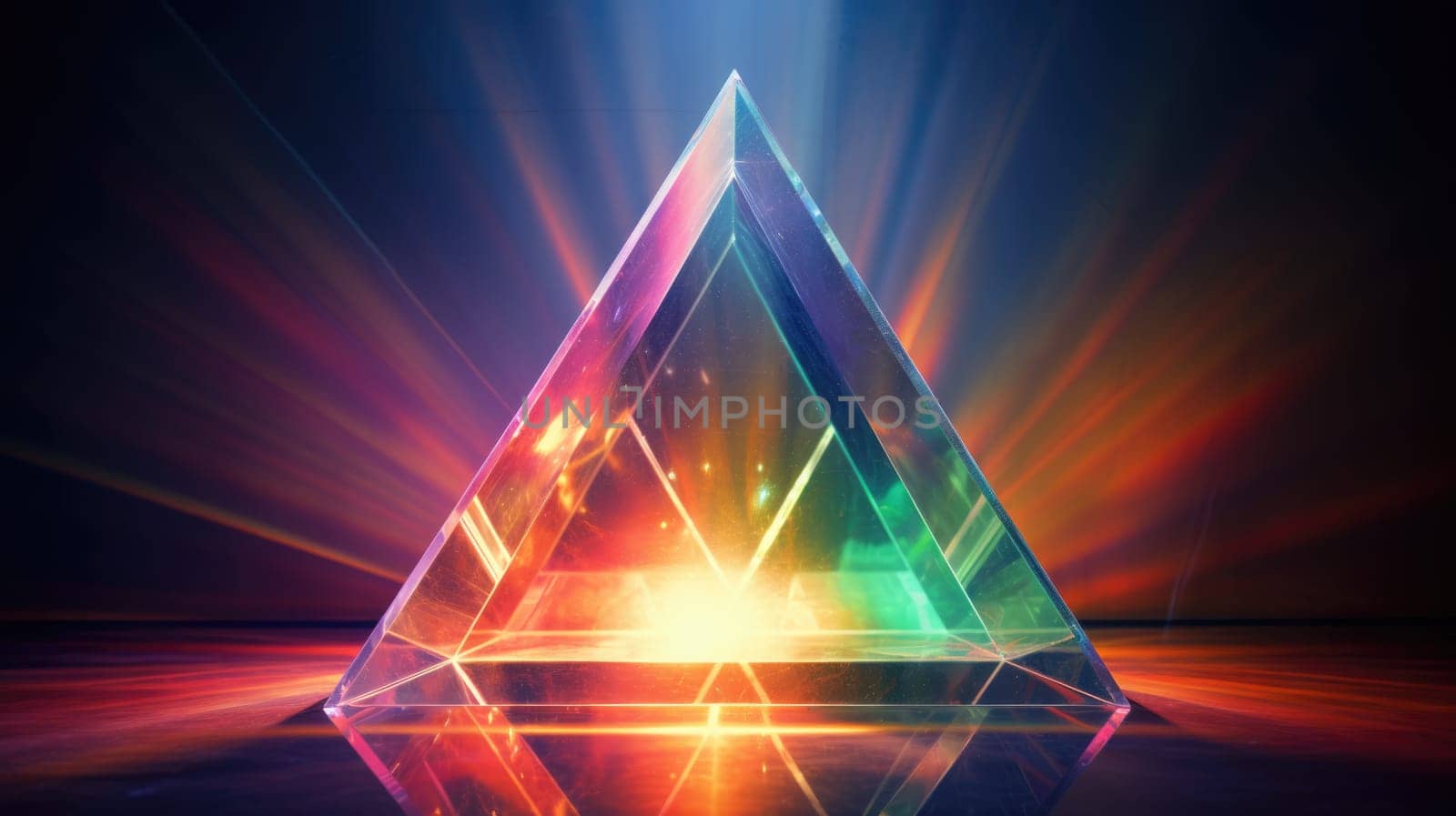 colorful glass prism triangle light dispersion in dark background, ai