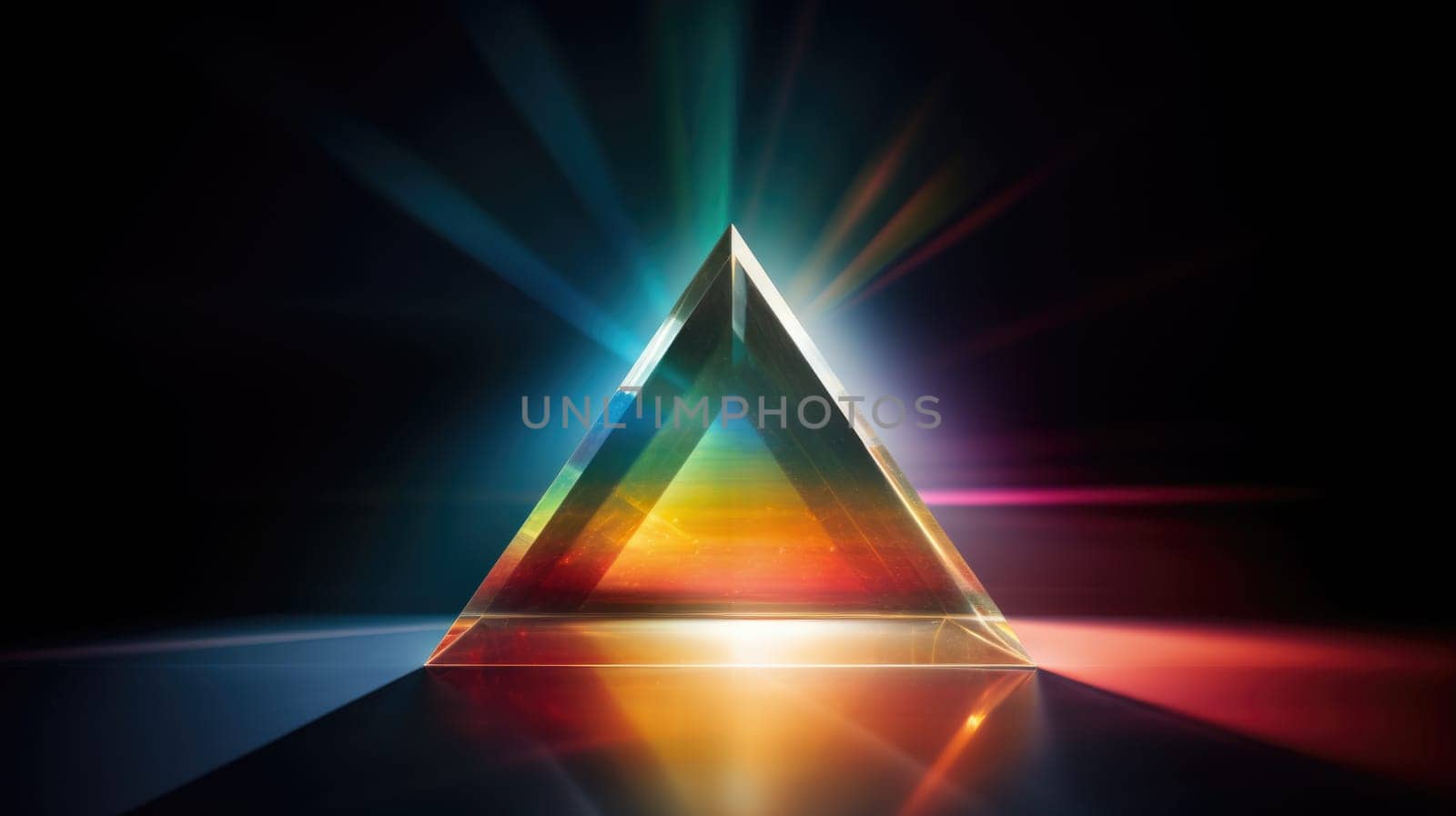 colorful glass prism triangle light dispersion in dark background, ai
