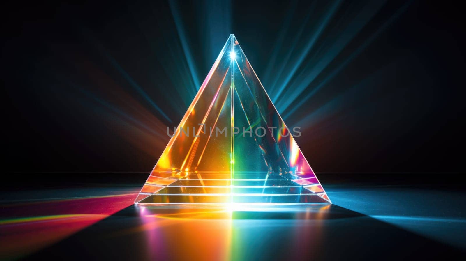colorful glass prism triangle light dispersion in dark background, ai