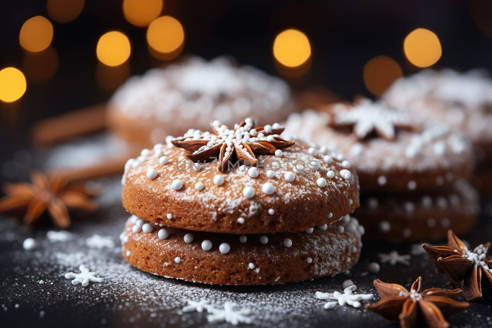 Homemade ginger cookies with star anise and powdered sugar.